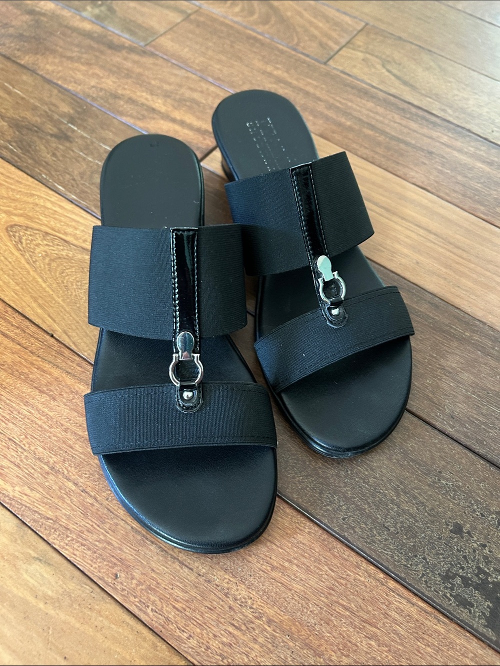Italian Shoemakers Black Slide Sandals with Silver Hardware
